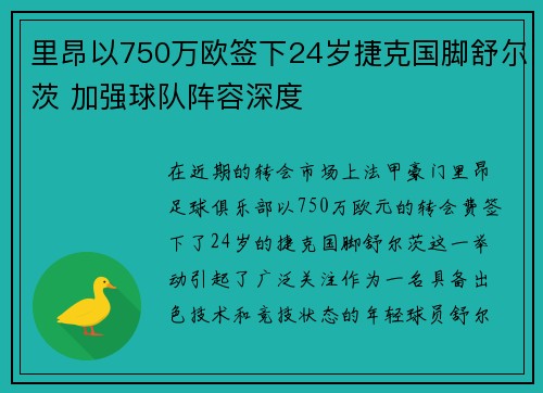 里昂以750万欧签下24岁捷克国脚舒尔茨 加强球队阵容深度