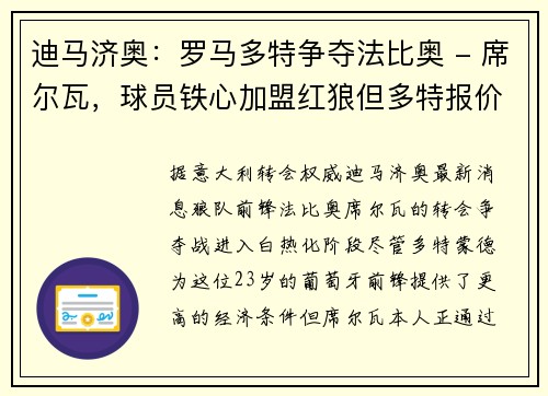 迪马济奥：罗马多特争夺法比奥 - 席尔瓦，球员铁心加盟红狼但多特报价占优