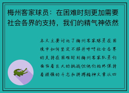 梅州客家球员:在困难时刻更加需要社会各界的支持,我们的精气神依然坚定不移 梅州客家球员:在困难时刻更加需要社会各界的支持,我们的精气神依然坚定不移